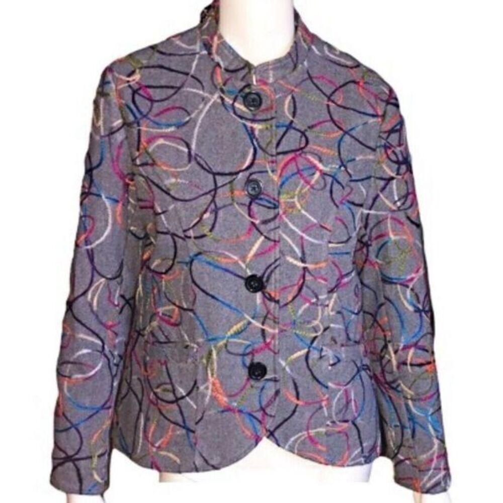 VTG BLAIR Fiber Art ARTSY Blazer Jacket Sz 12P Gray WOOL BLEND COLORFUL